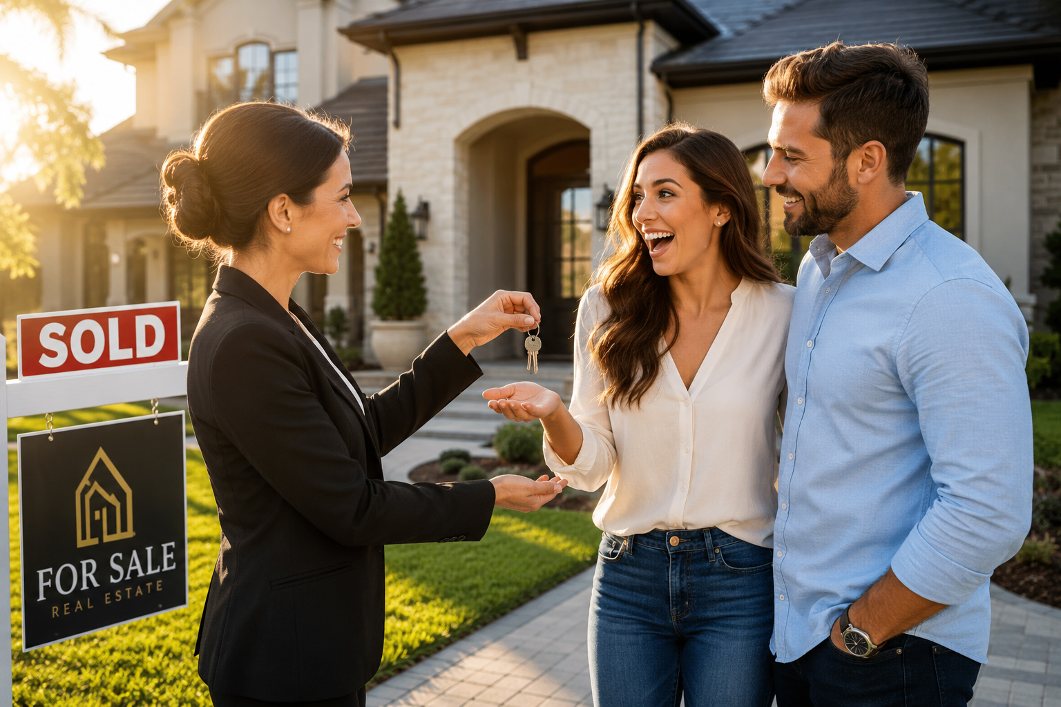 Young couple receiving the keys to their new home from their Realtor