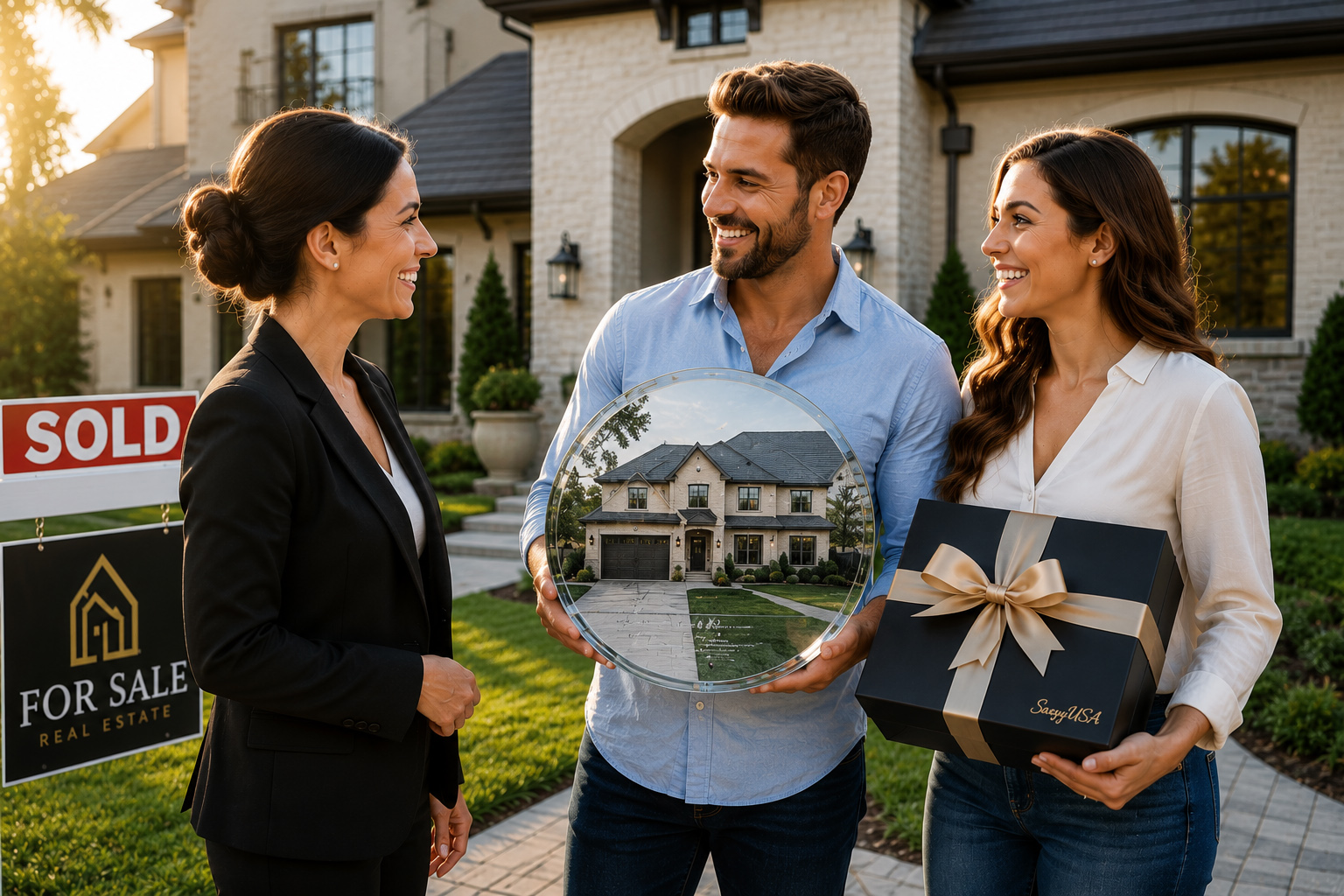 Realtor presents a personalized tempered glass Home Portrait Memory Board to excited new homeowners