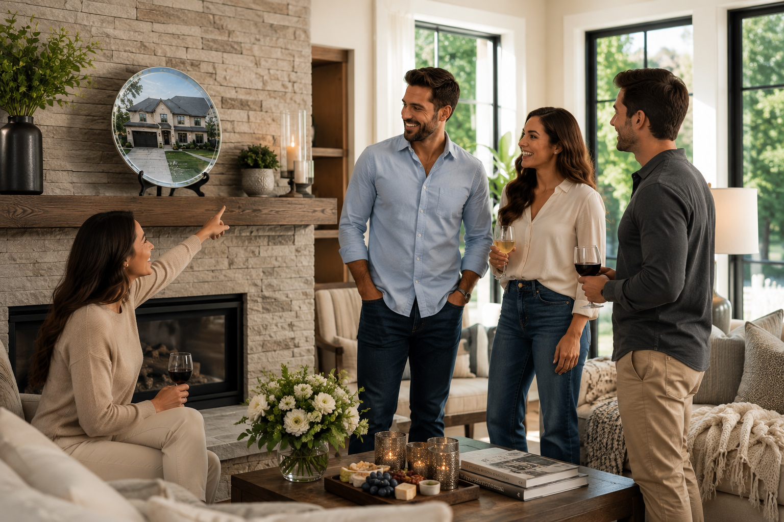 Family displaying their personalized Home Portrait Memory Board in their beautiful new home