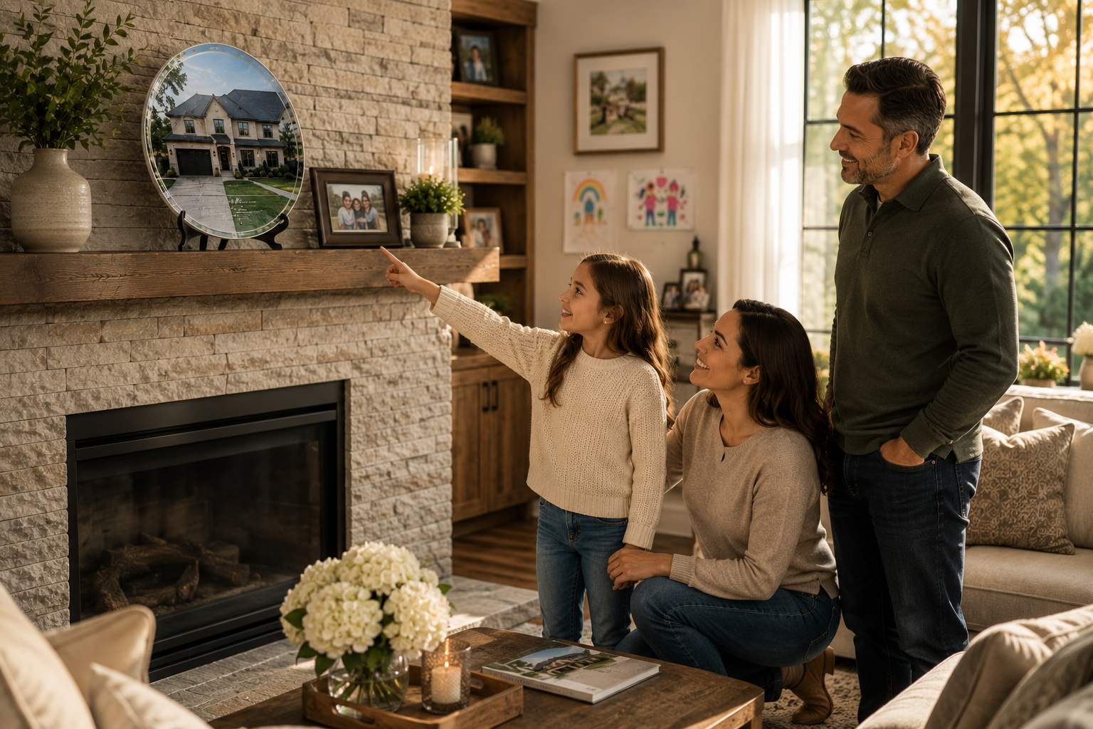 Young child pointing at the family's personalized Home Portrait Memory Board years after moving into their first home