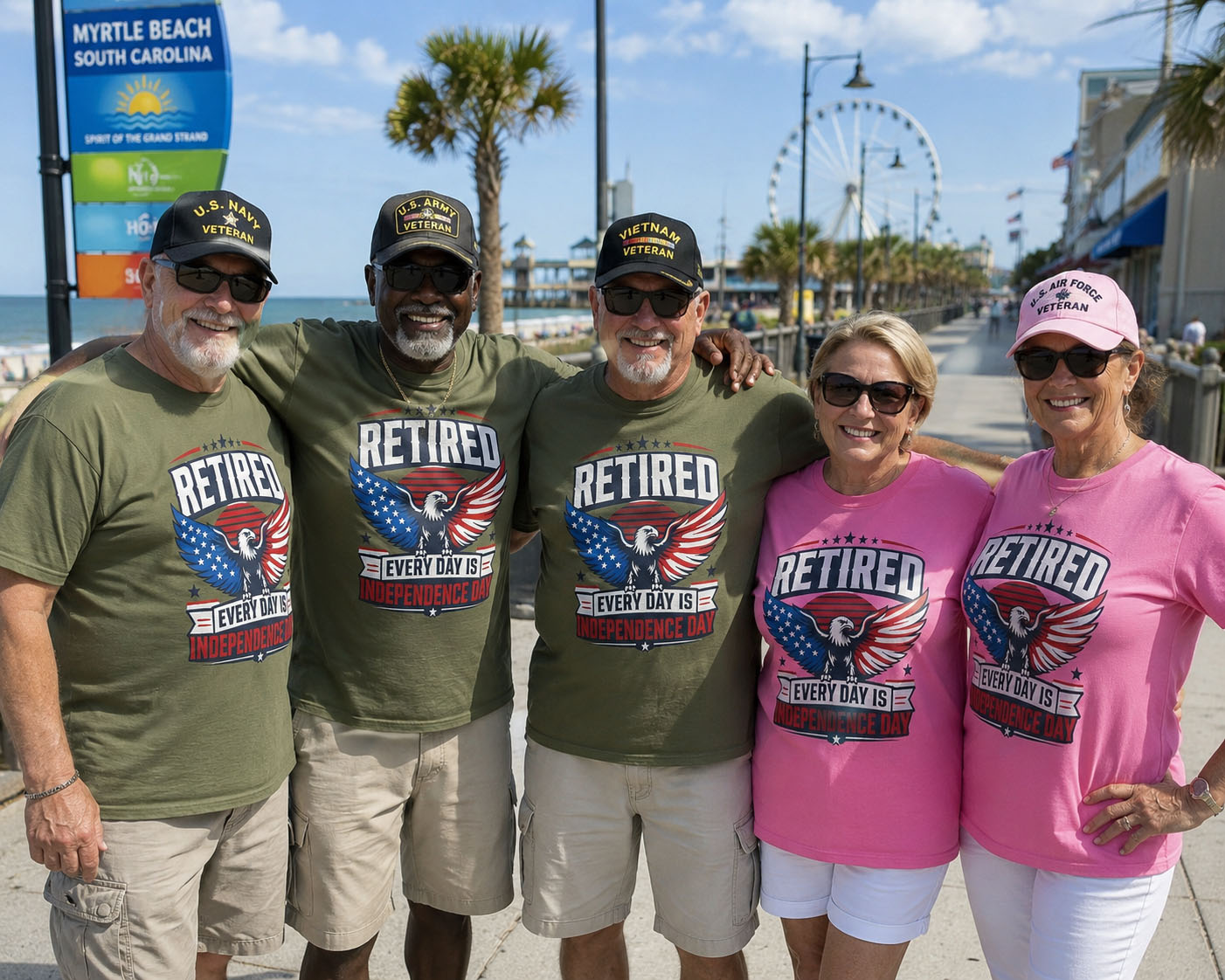 Retirees wearing Every Day Is Independence Day shirts