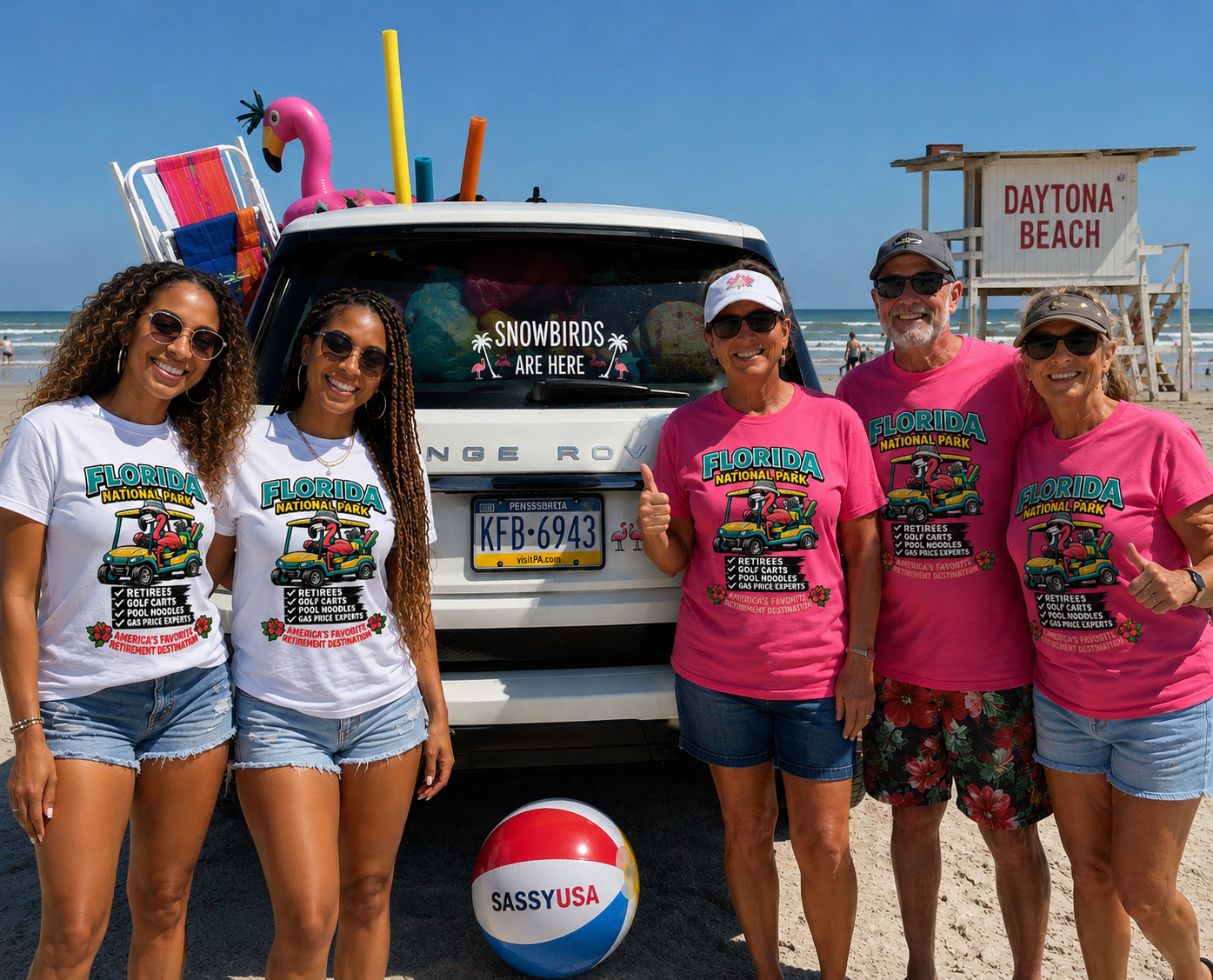 Snowbirds wearing Florida National Park shirts at Daytona Beach